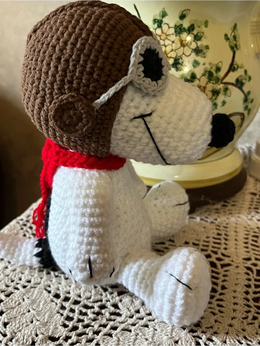 Handmade White Crochet Dog Plush with Brown Aviator Hat